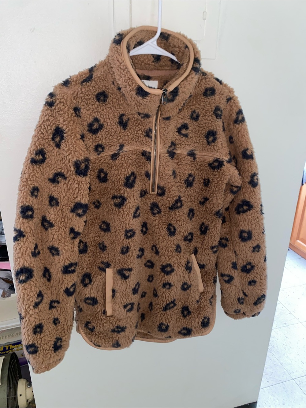 Abercrombie & Fitch Brown Leopard Sherpa Quarter-Zip Jacket